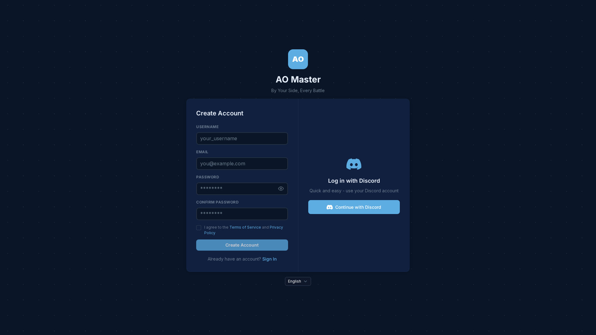 Register form — Create Account heading, USERNAME field with "your_username" placeholder, EMAIL field with "you@example.com" placeholder, PASSWORD field, CONFIRM PASSWORD field, "I agree to the Terms of Service and Privacy Policy" checkbox, big "Create Account" button, "Already have an account? Sign In" footer, and a side panel "Log in with Discord — Quick and easy - use your Discord account" with a Continue with Discord button