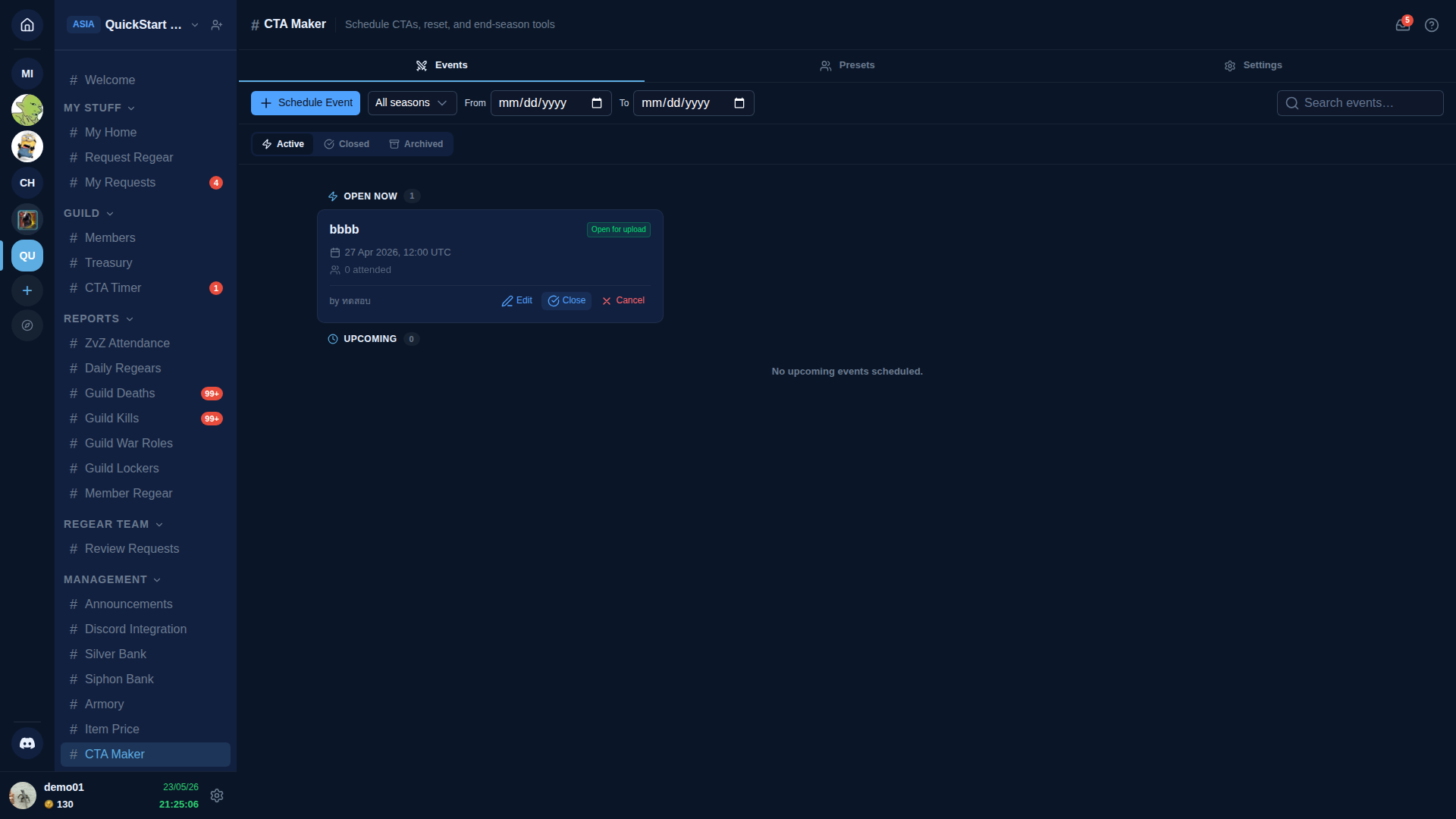 CTA Maker — header "# CTA Maker — Schedule CTAs, reset, and end-season tools", 3 tabs (Events active / Presets / Settings), toolbar with + Schedule Event button, All seasons dropdown, From/To date pickers, Search. Below: Active section with OPEN NOW (1) "bbbb" event card (Open for upload status, 27 Apr 2026 12:00 UTC, 0 attended, "by ทดสอบ") with Edit / Close / Cancel actions. UPCOMING (0) below shows "No upcoming events scheduled."