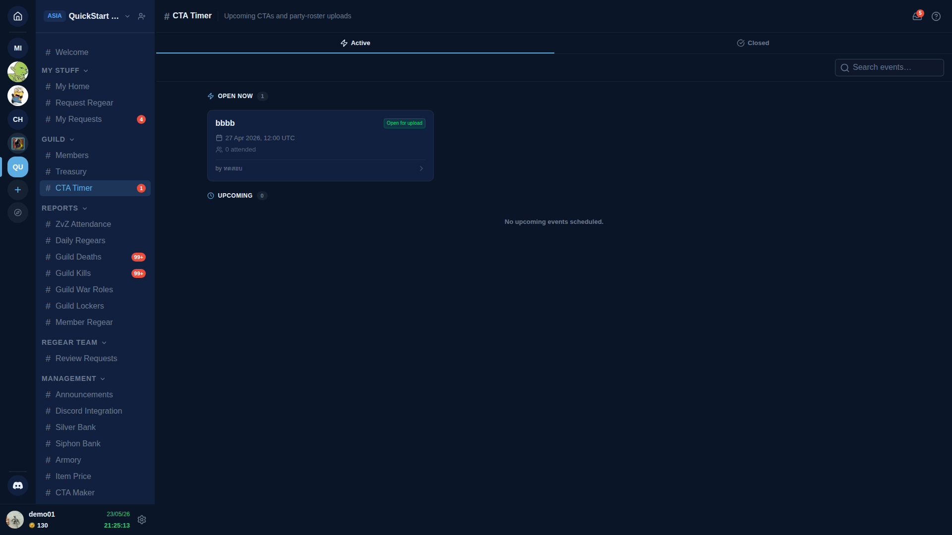 CTA Timer — header "# CTA Timer — Upcoming CTAs and party-roster uploads", 2 tabs (Active / Closed) + search. Active shows OPEN NOW (1) "bbbb" event card (Open for upload, 27 Apr 2026 12:00 UTC, 0 attended, "by ทดสอบ") with arrow chevron. UPCOMING (0) shows "No upcoming events scheduled."
