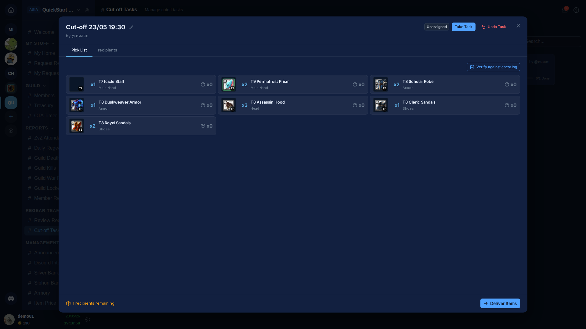 Pick List tab of a task detail drawer — aggregated item grid showing T7 Icicle Staff x1, T9 Permafrost Prism x2, T8 Scholar Robe x2, T8 Duskweaver Armor x1, T8 Assassin Hood x3, T8 Cleric Sandals x1, T8 Royal Sandals x2 with stock counts