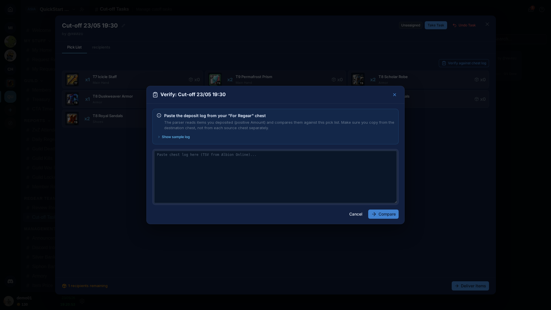 Pick Checker modal — Verify: Cut-off 23/05 19:30 — instruction panel about pasting the deposit log from the For Regear chest, sample log expand link, large textarea, Cancel + Compare buttons