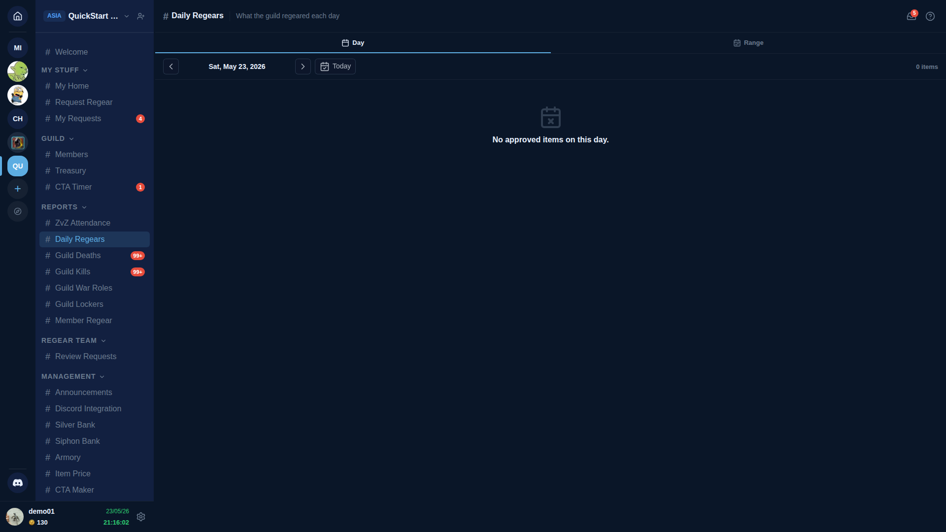 Daily Regears page — header "# Daily Regears — What the guild regeared each day", tabs "Day" (active) and "Range", below: date row with prev/next chevrons + "Sat, May 23, 2026" + Today button + "0 items" count, then empty state with cancel-calendar icon + "No approved items on this day."