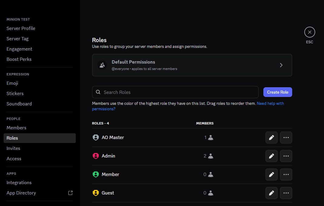Discord Server Settings → Roles tab. Sidebar shows "MINION TEST" header with sections: Server Profile / Server Tag / Engagement / Boost Perks, then EXPRESSION (Emoji / Stickers / Soundboard), then PEOPLE (Members / Roles — selected / Invites / Access), then APPS (Integrations / App Directory). Main panel: "Roles" heading, "Use roles to group your server members and assign permissions.", a Default Permissions card for @everyone, a Search Roles input and Create Role button, then "ROLES — 4" list: AO Master (1 member), Admin (2 members), Member (0 members), Guest (0 members) — each row has a pencil edit button and a … menu.