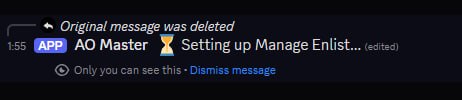 Discord ephemeral message with a single line "⏳ Setting up Manage Enlist…" — the previous Confirm message has been replaced by this loading state.
