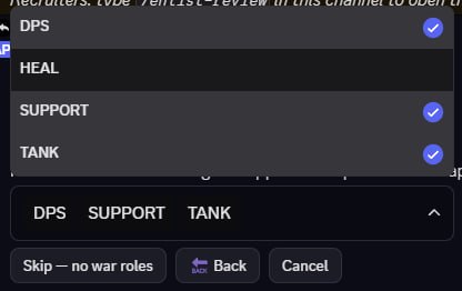 Step 4 dropdown showing DPS ✓, HEAL (unchecked, highlighted on hover), SUPPORT ✓, TANK ✓. Pill chips below the dropdown read "DPS  SUPPORT  TANK". Buttons: Skip — no war roles · 🔙 Back · Cancel.