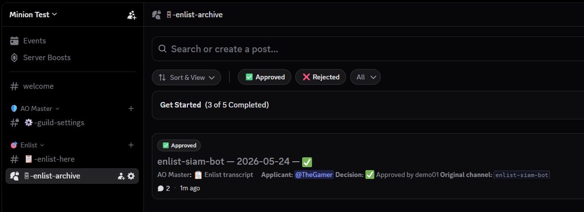 Discord channel view of the 🗄 enlist-archive forum. Sidebar shows the Minion Test server with 🎯 Enlist category open: #📋-enlist-here, and the currently-selected #🗄 enlist-archive. Main panel: a search bar "Search or create a post…", filter chips ↕ Sort & View · ✅ Approved · ❌ Rejected · All. A Discord onboarding banner "Get Started (3 of 5 Completed)". One thread visible — tagged ✅ Approved, titled "enlist-siam-bot — 2026-05-24 — ✅", body preview "AO Master: 📋 Enlist transcript · Applicant: @TheGamer · Decision: ✅ Approved by demo01 · Original channel: enlist-siam-bot", 2 comments, 1m ago.