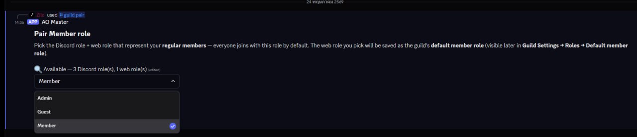Same wizard, Discord-role dropdown expanded showing three Discord-server roles: Admin, Guest, Member (Member is checked).