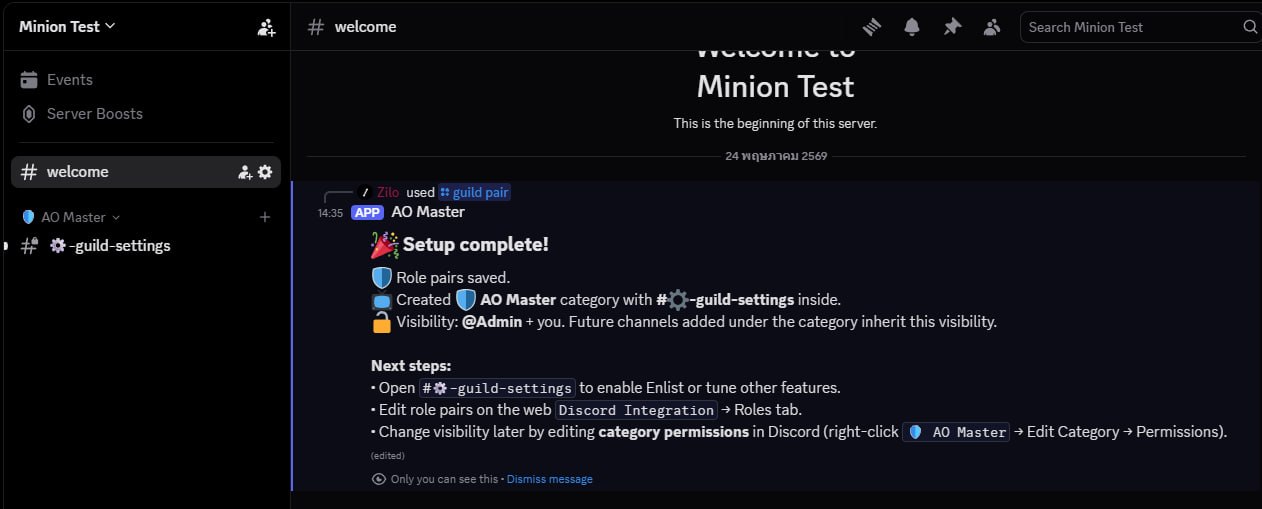 Discord sidebar of Minion Test. Top: built-in Events + Server Boosts. Then #welcome (currently selected — the Setup complete ephemeral is still visible in its message panel). At the bottom: a new 🛡 AO Master category, expanded, with one child channel #⚙️-guild-settings. The main panel on the right shows the Setup complete card from the previous shot.
