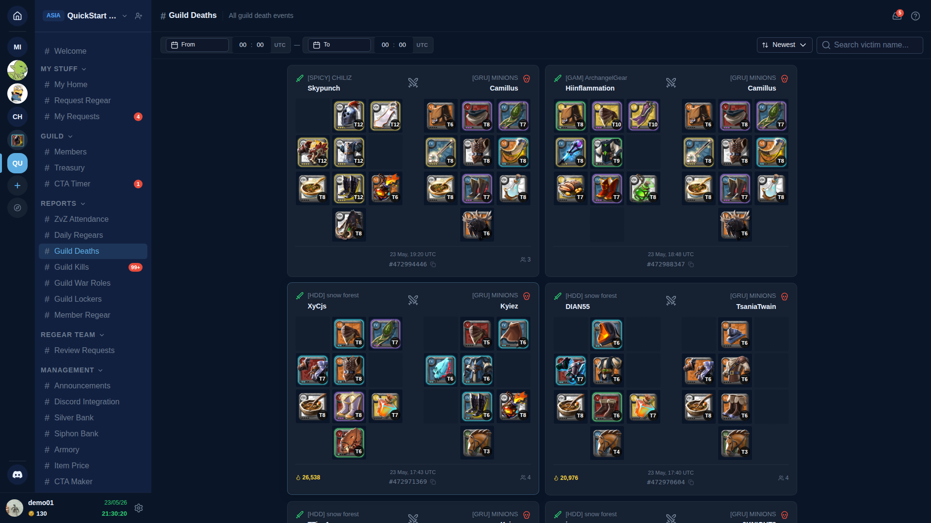 Guild Deaths page — header "# Guild Deaths — All death events across the guild", From/To date pickers + Newest sort + Search input. Below: card grid (~6 visible) — each card shows a 3x4 equipment loadout (the items the deceased was wearing) with item icons + tier badges, victim/killer names highlighted in red/green, fame value, and timestamp. Visible victims: Muyunch, Camille, Mexiformation, Camille, Kyrkii, Kyrei, ZIANO, ThaneTexan