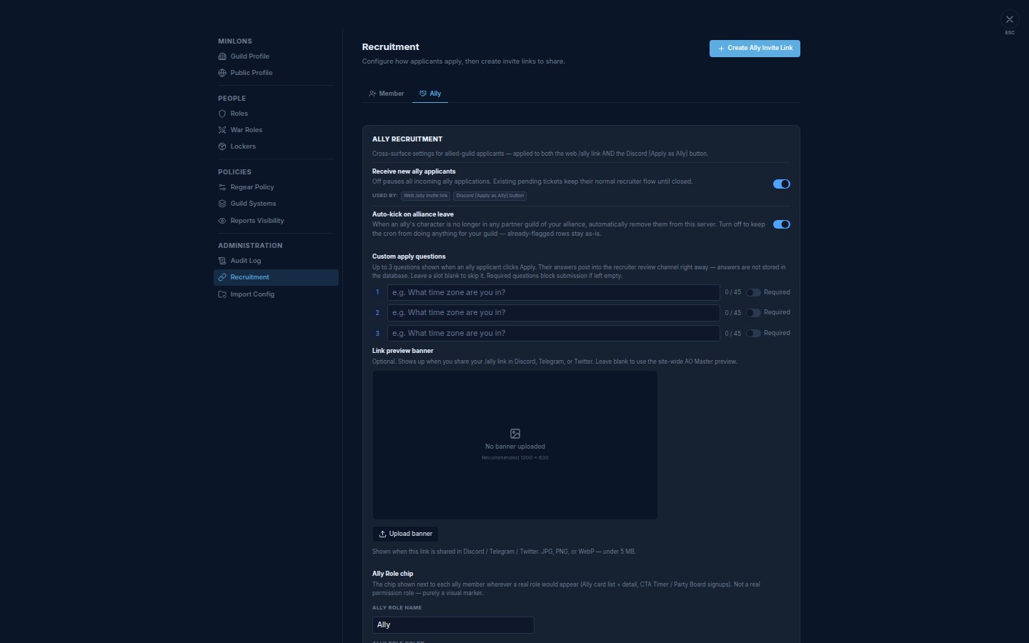 Settings → Recruitment → Ally tab, showing the Auto-kick on alliance leave toggle and the Link preview banner upload card