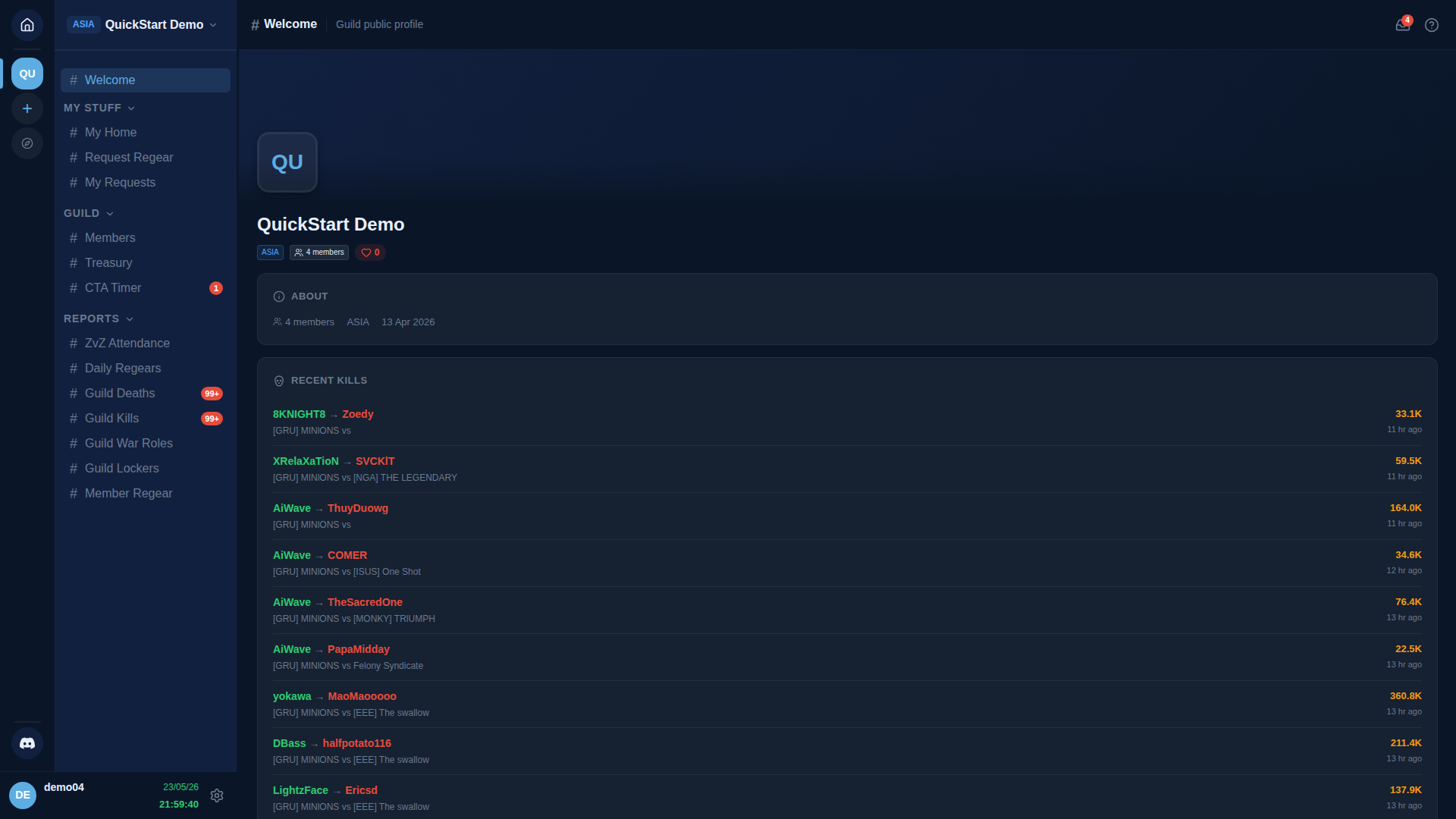 Welcome page from a fresh member's perspective — sidebar shows GROUPS: Welcome, MY STUFF (My Home / Request Regear / My Requests), GUILD (Members / Treasury / CTA Timer), REPORTS (ZvZ Attendance / Daily Regears / Guild Deaths / Guild Kills / Guild War Roles / Guild Lockers / Member Regear). Main area: large QU placeholder + QuickStart Demo + 4 members ASIA + Founded 13 Apr 2026 + ABOUT section + RECENT KILLS feed showing kill events from the guild