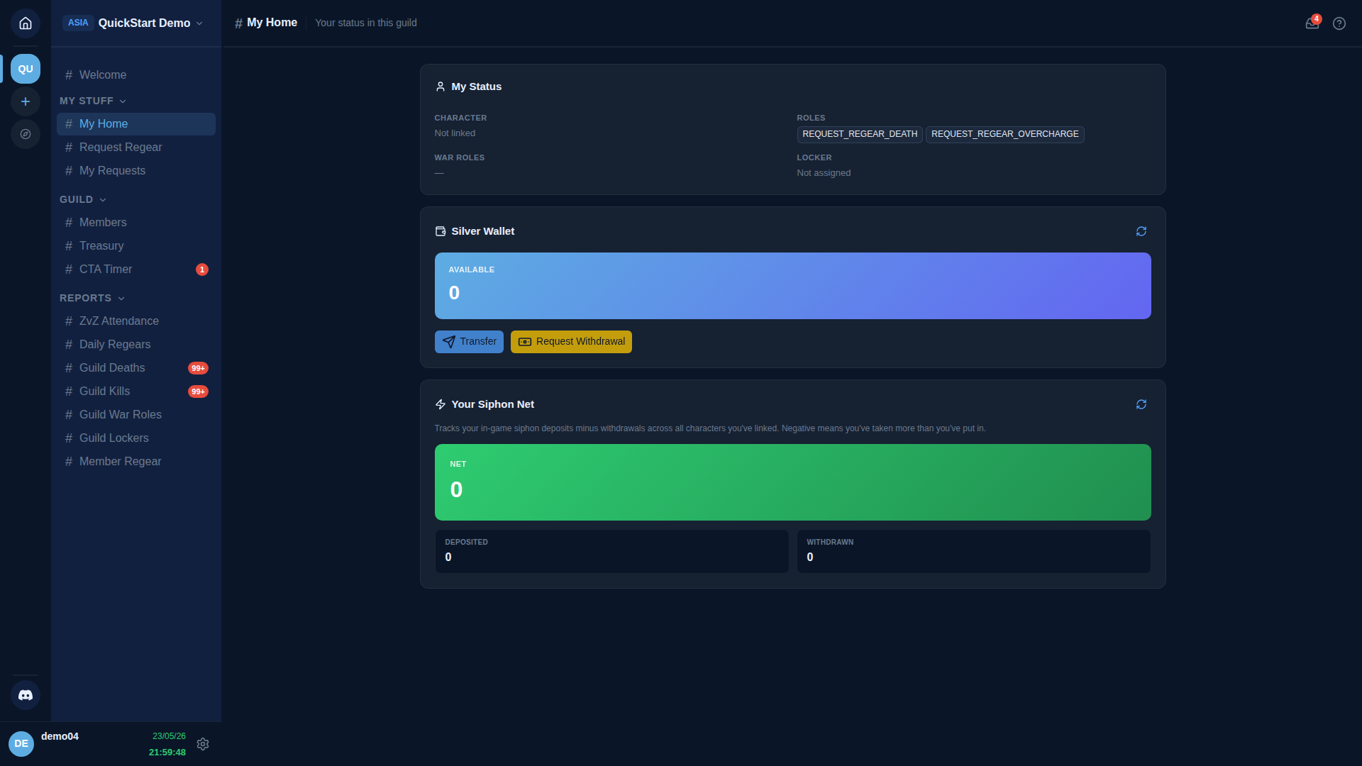 My Home page from demo04's perspective — My Status card showing Character: Not linked, Roles: Request Regear Death + Request Regear Overcharge chips. Silver Wallet card with AVAILABLE 0 + Transfer + Request Withdrawal buttons. Your Siphon Net card in green showing NET 0 + Deposited 0 + Withdrawn 0