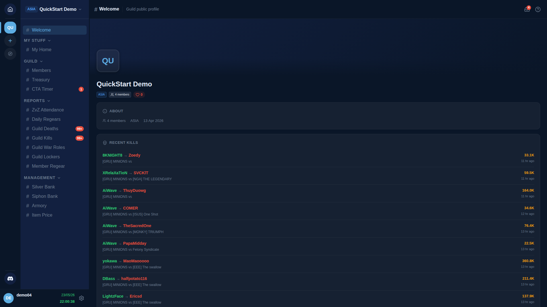 Sidebar from a fresh staff perspective (demo04 with Manager role on QuickStart Demo) — usual MY STUFF + GUILD + REPORTS groups, plus newly-visible MANAGEMENT group at the bottom containing: Silver Bank, Siphon Bank, Armory, Item Price