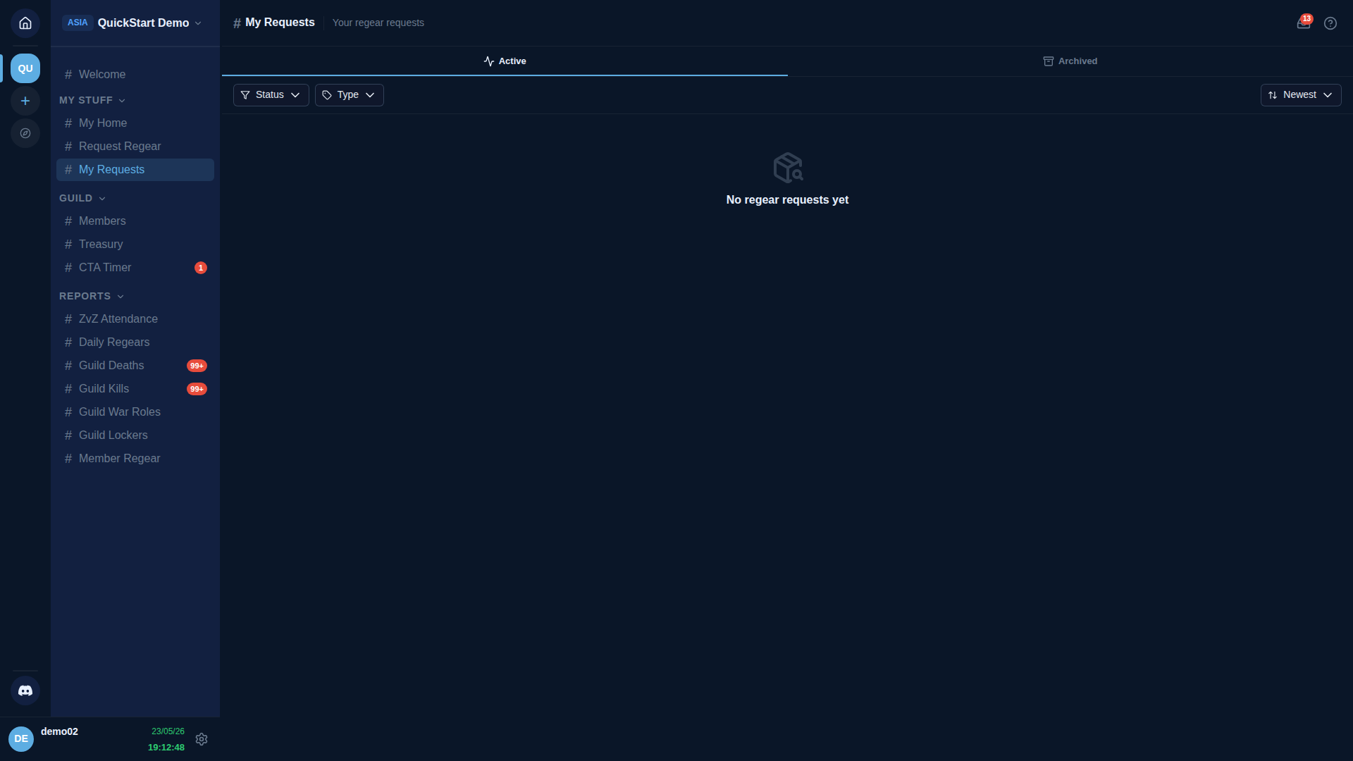 My Requests page — 5-step progress strip per request, mode-dependent final-state display