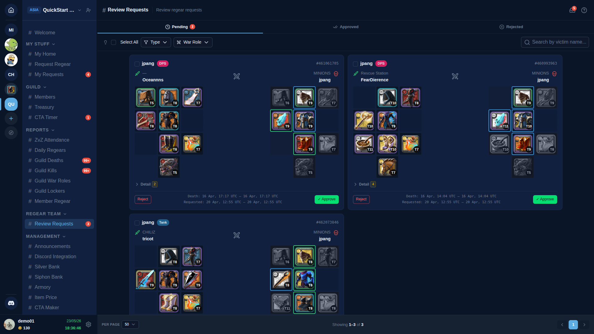 Review Requests queue showing 3 pending requests with full equipment grids, war-role badges, and Approve buttons