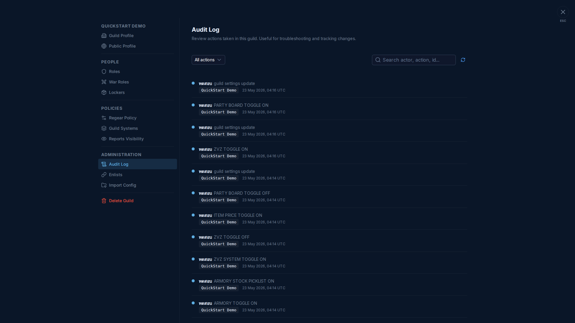 Audit Log tab — Settings modal with Audit Log highlighted in ADMINISTRATION, right pane shows "Audit Log" heading + "Review actions taken in this guild. Useful for troubleshooting and tracking changes." sub, then a toolbar with "All actions" filter dropdown + Search actor / action / id input + refresh button. Below: vertical list of audit rows, each showing actor avatar + actor display name + action name + guild context badge + UTC timestamp. Visible actions include guild settings update, PARTY BOARD TOGGLE ON, ZVZ TOGGLE ON, ITEM PRICE TOGGLE ON, ZVZ SYSTEM TOGGLE ON, ARMORY STOCK PICKLIST ON, ARMORY TOGGLE ON