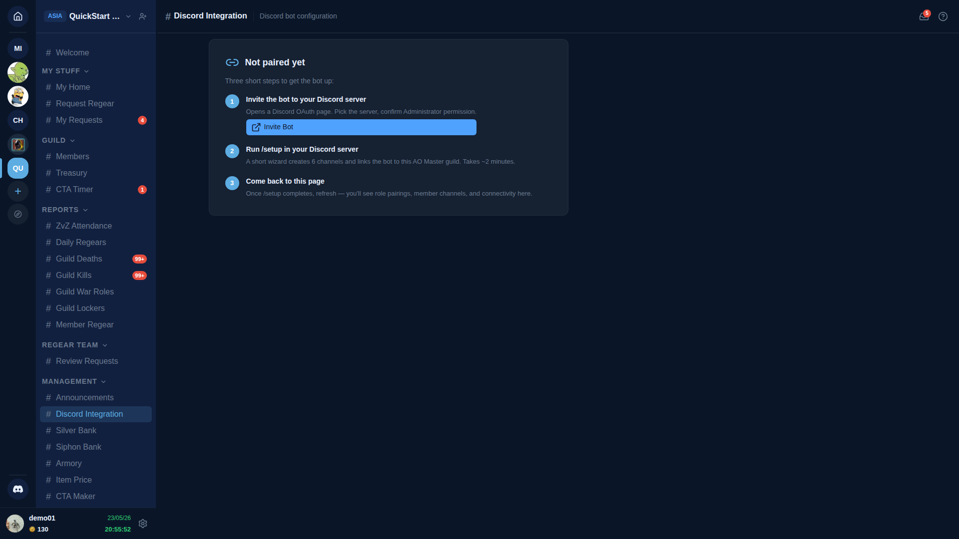 Discord Integration page — guild sidebar on the left with Discord Integration highlighted in MANAGEMENT, main pane shows "# Discord Integration — Discord bot configuration" header, then a "Not paired yet" card with three numbered steps: (1) Invite the bot to your Discord server (Opens a Discord OAuth page. Pick the server, confirm Administrator permission.) with a blue "Invite Bot" button. (2) Run /setup in your Discord server (A short wizard creates 6 channels and links the bot to this AO Master guild. Takes ~2 minutes.). (3) Come back to this page (Once /setup completes, refresh — you'll see role pairings, member channels, and connectivity here.)