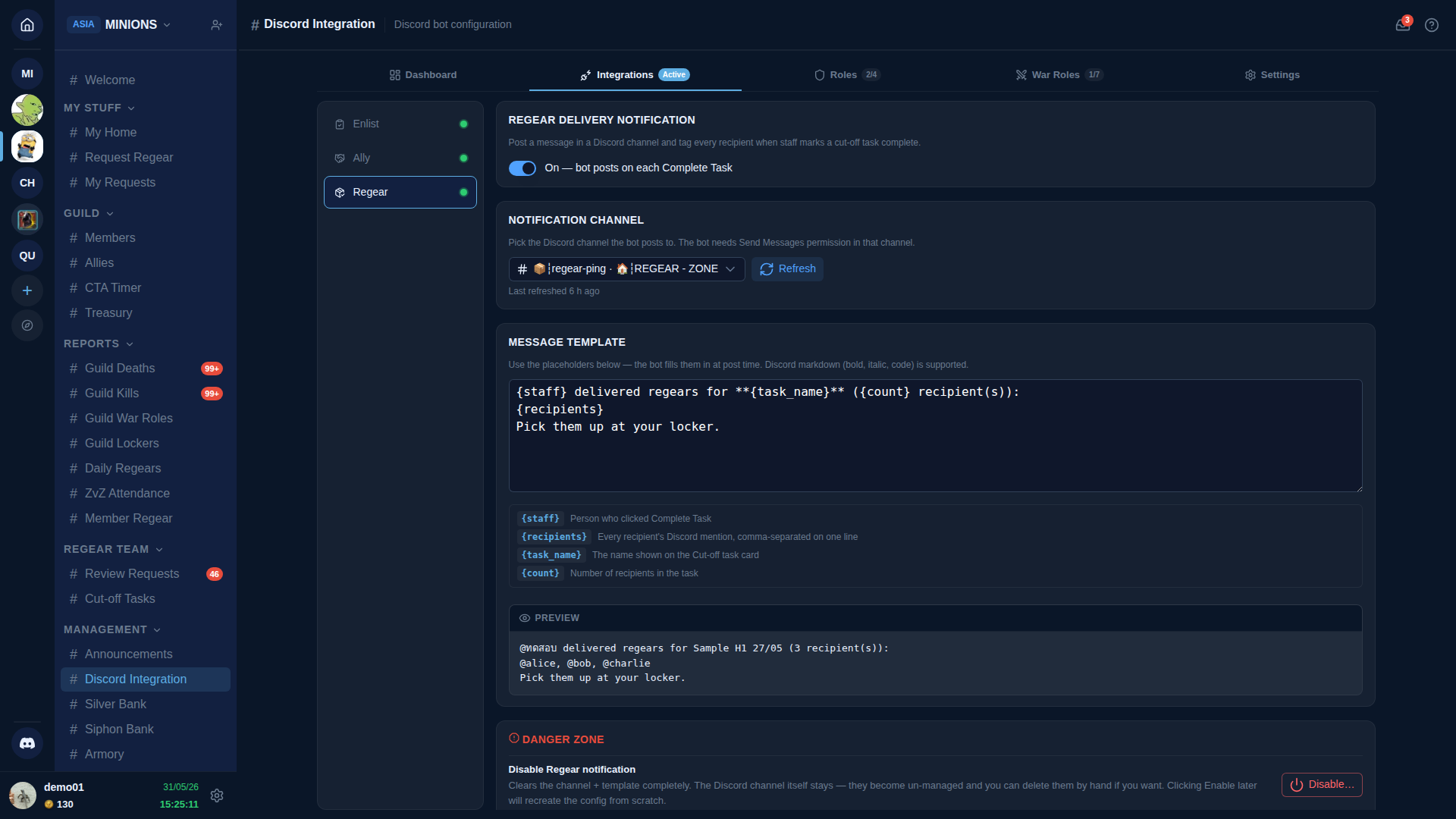 Regear sub-page — Regear delivery notification card with On toggle and "On — bot posts on each Complete Task" subtext. Below: Notification channel card (showing the Discord channel name with Show popup + Refresh buttons), Message template card with a textarea and four placeholder chips ({staff}, {recipients}, {task_name}, {count}) plus a live Preview block.