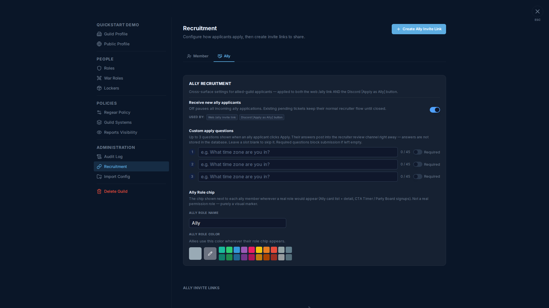 Recruitment tab Ally outer tab — same modal nav. Right pane: outer tabs Member / Ally (selected). ALLY RECRUITMENT card with Receive new ally applicants toggle (on) + Used by chips (Web /ally invite link, Discord [Apply as Ally] button), Custom apply questions with 3 slot inputs, Ally Role chip section with ALLY ROLE NAME field (default "Ally") + ALLY ROLE COLOR palette picker. ALLY INVITE LINKS section header visible at the bottom (empty). "+ Create Ally Invite Link" button at the top right.