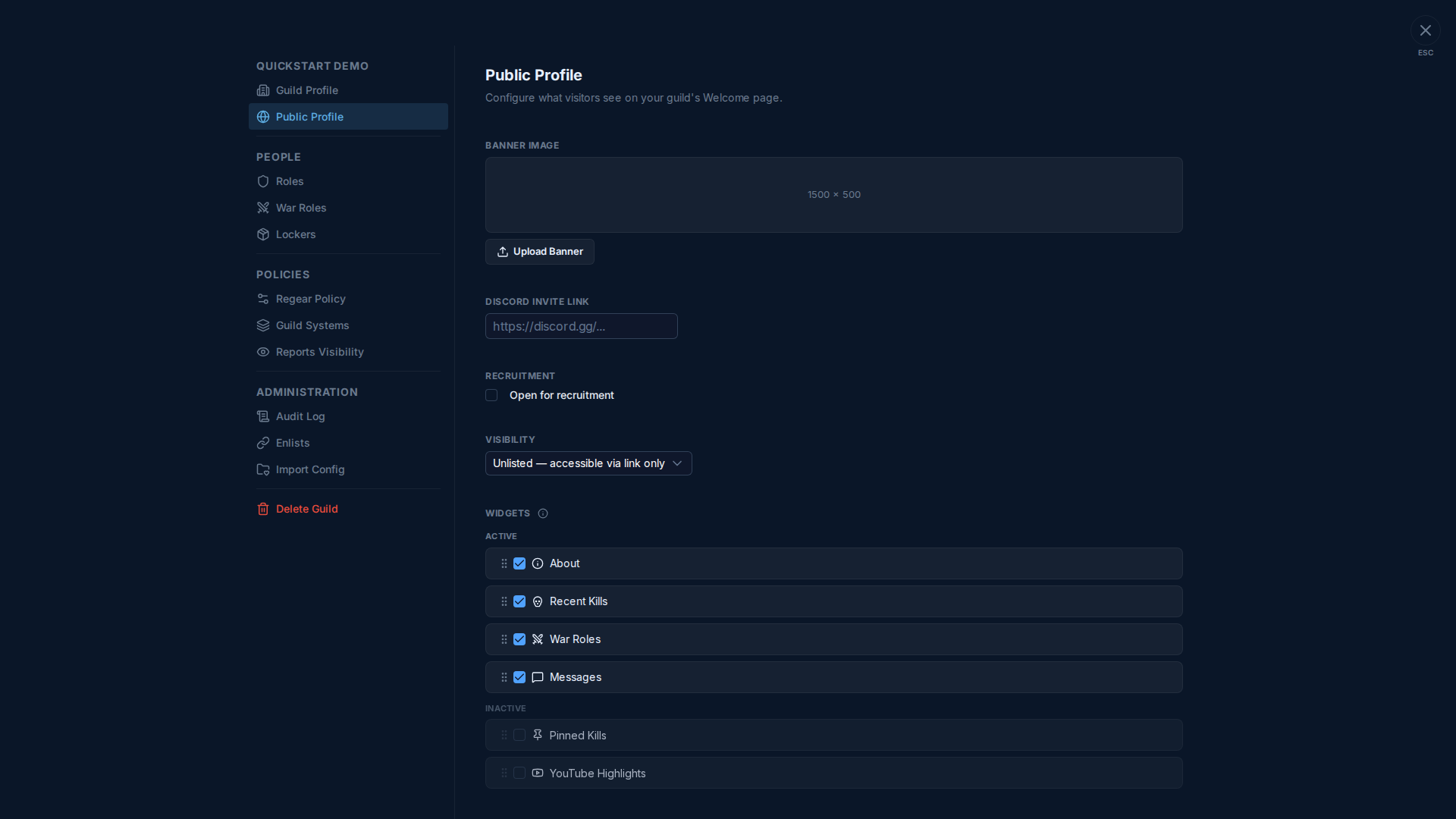 Public Profile tab — Settings modal with Public Profile highlighted at the top of the nav, right pane shows "Public Profile" heading + "Configure what visitors see on your guild's Welcome page." sub, then fields: BANNER IMAGE (placeholder 1500×500 + Upload Banner button), DISCORD INVITE LINK (text input "https://discord.gg/..."), RECRUITMENT (checkbox "Open for recruitment", unchecked), VISIBILITY (dropdown "Unlisted — accessible via link only"), WIDGETS section with ACTIVE list (About, Recent Kills, War Roles, Messages — all checked + draggable) and INACTIVE list (Pinned Kills, YouTube Highlights — unchecked)