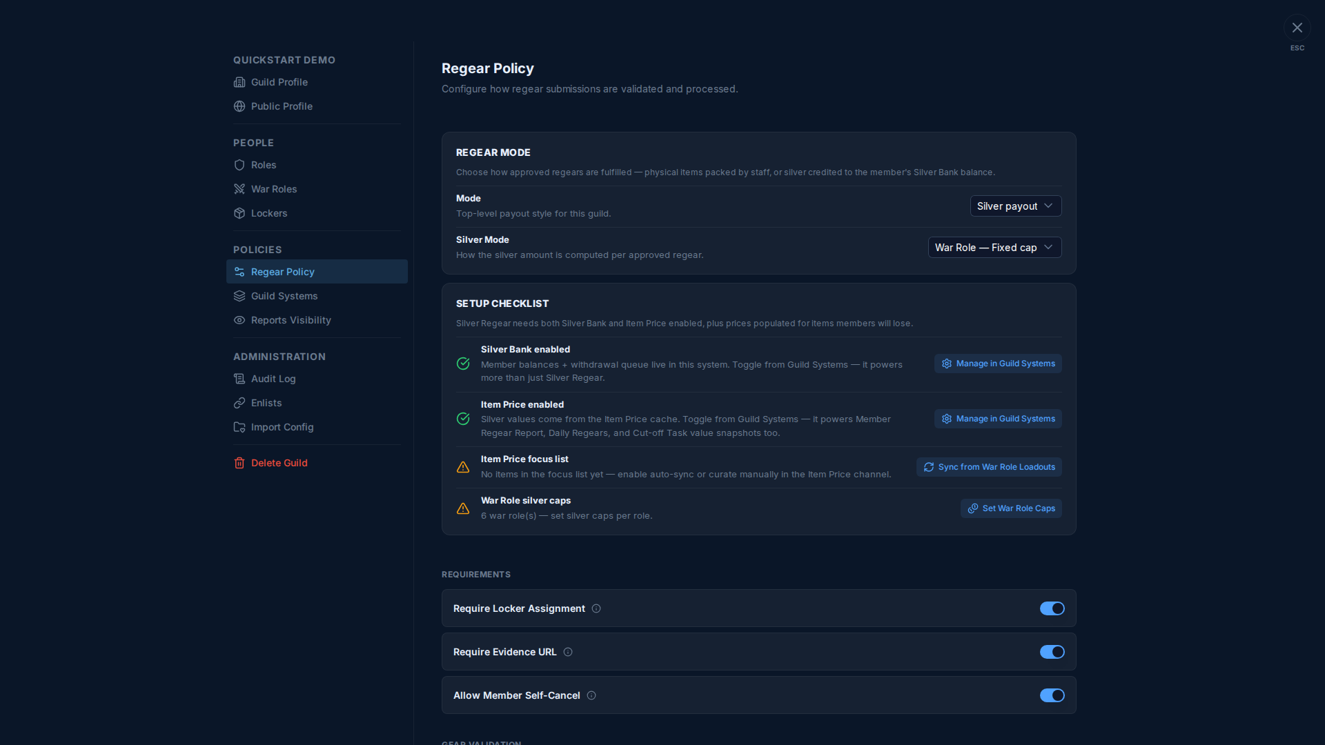 Regear Policy tab — Settings modal with nav on the left (Guild Profile / Public Profile / Roles / War Roles / Lockers / Regear Policy active / Guild Systems / Reports Visibility / Audit Log / Enlists / Import Config / Delete Guild), right pane shows Regear Mode card with Mode=Silver payout + Silver Mode=War Role Fixed cap, Setup Checklist card with Silver Bank ✓, Item Price ✓, Focus list ⚠ Sync button, War Role caps ⚠ Set button, then Requirements section starting with three toggles