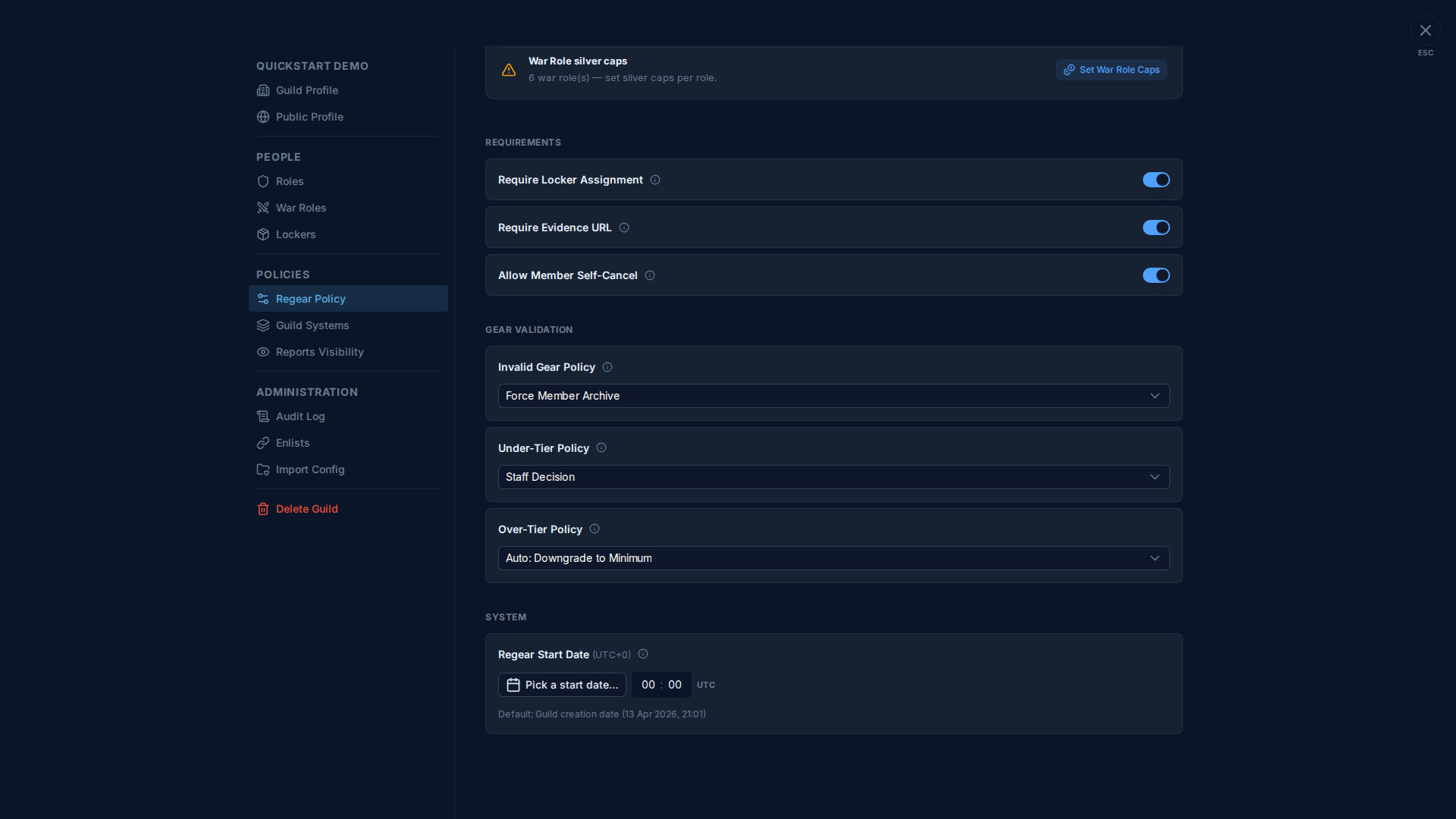 Gear Validation section — three dropdown cards: Invalid Gear Policy = "Force Member Archive", Under-Tier Policy = "Staff Decision", Over-Tier Policy = "Auto: Downgrade to Minimum"; followed by SYSTEM section with Regear Start Date picker (default = Guild creation date)