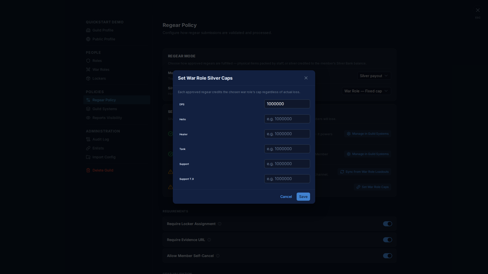 Set War Role Silver Caps modal overlaying the Regear Policy tab — one input per war role: DPS 1000000 (filled), Hello / Healer / Tank / Support / Support T.9 all empty with "e.g. 1000000" placeholder; Cancel + Save at the bottom; explanation line "Each approved regear credits the chosen war role's cap regardless of actual loss"