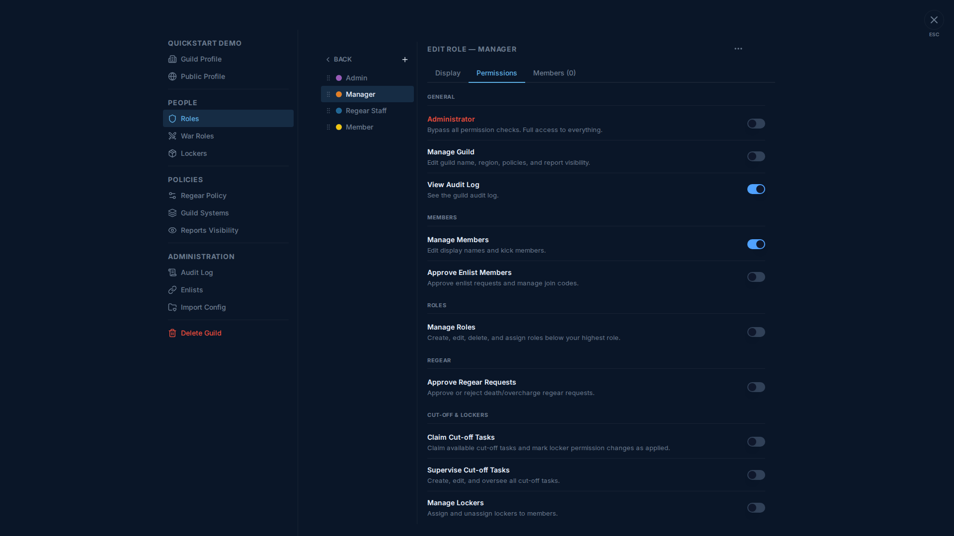 Edit Role overlay opened on Permissions tab for "Manager" role — sections from top to bottom: GENERAL (Administrator off red-highlighted "Bypass all permission checks. Full access to everything.", Manage Guild off, View Audit Log on), MEMBERS (Manage Members on, Approve Enlist Members off), ROLES (Manage Roles off), REGEAR (Approve Regear Requests off), CUT-OFF & LOCKERS (Claim Cut-off Tasks off, Supervise Cut-off Tasks off, Manage Lockers off). Each row has the label, sub-description, and a USwitch on the right