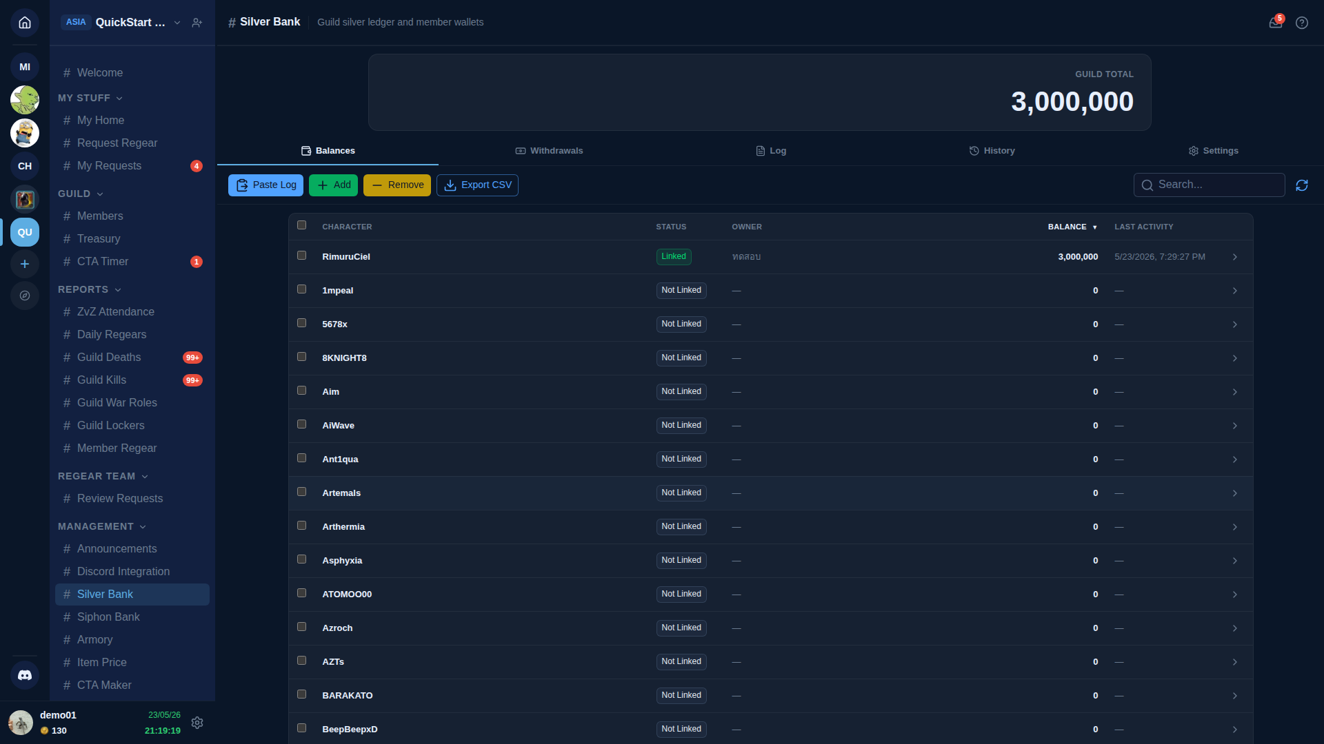 Silver Bank — header shows "# Silver Bank — Guild silver ledger and member wallets", GUILD TOTAL 3,000,000 panel at the top, 5 tabs: Balances (active), Withdrawals, Log, History, Settings. The Balances tab shows toolbar with Paste Log / + Add / − Remove / Export CSV buttons + Search input, then a table with CHARACTER / STATUS / OWNER / BALANCE / LAST ACTIVITY columns. First row is RimuruCiel (Linked, 3,000,000 balance, 5/23/2026 7:29:27 PM); below ~13 unlinked character rows all at 0 balance