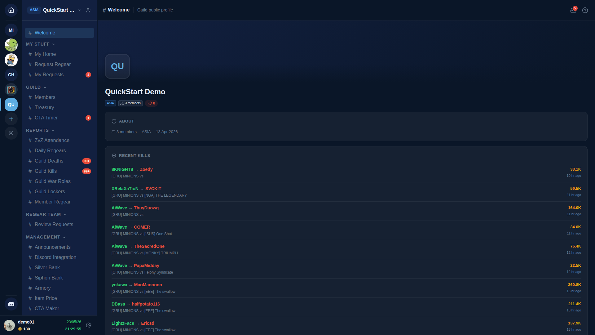 Welcome page — header "# Welcome — Guild public profile", banner area at top with placeholder "QU" guild icon + "QuickStart Demo" name + member count + Founded date. Below: ABOUT section + RECENT KILLS section showing recent kill events with names + fame totals